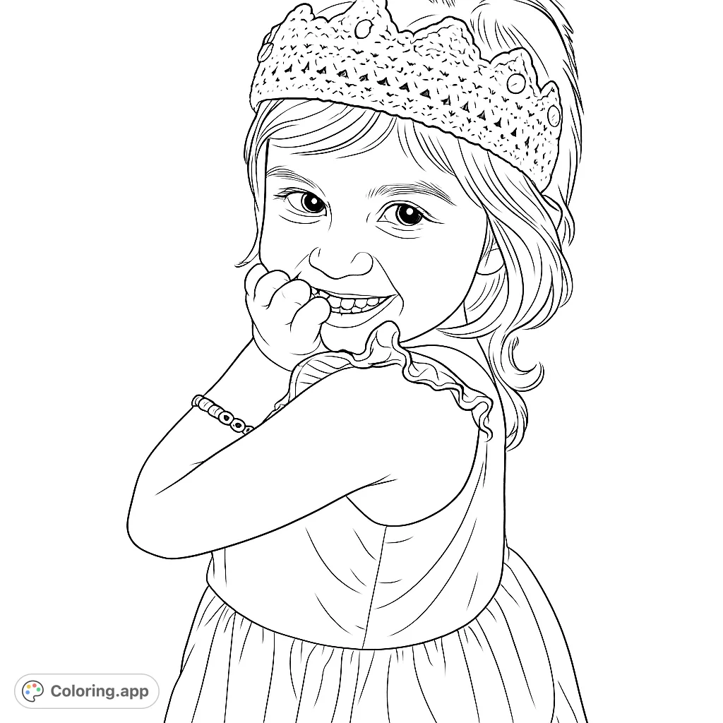 Adorable little princess with a crown and dress. A cute coloring page for kids who love fairy tales and dress-up.
