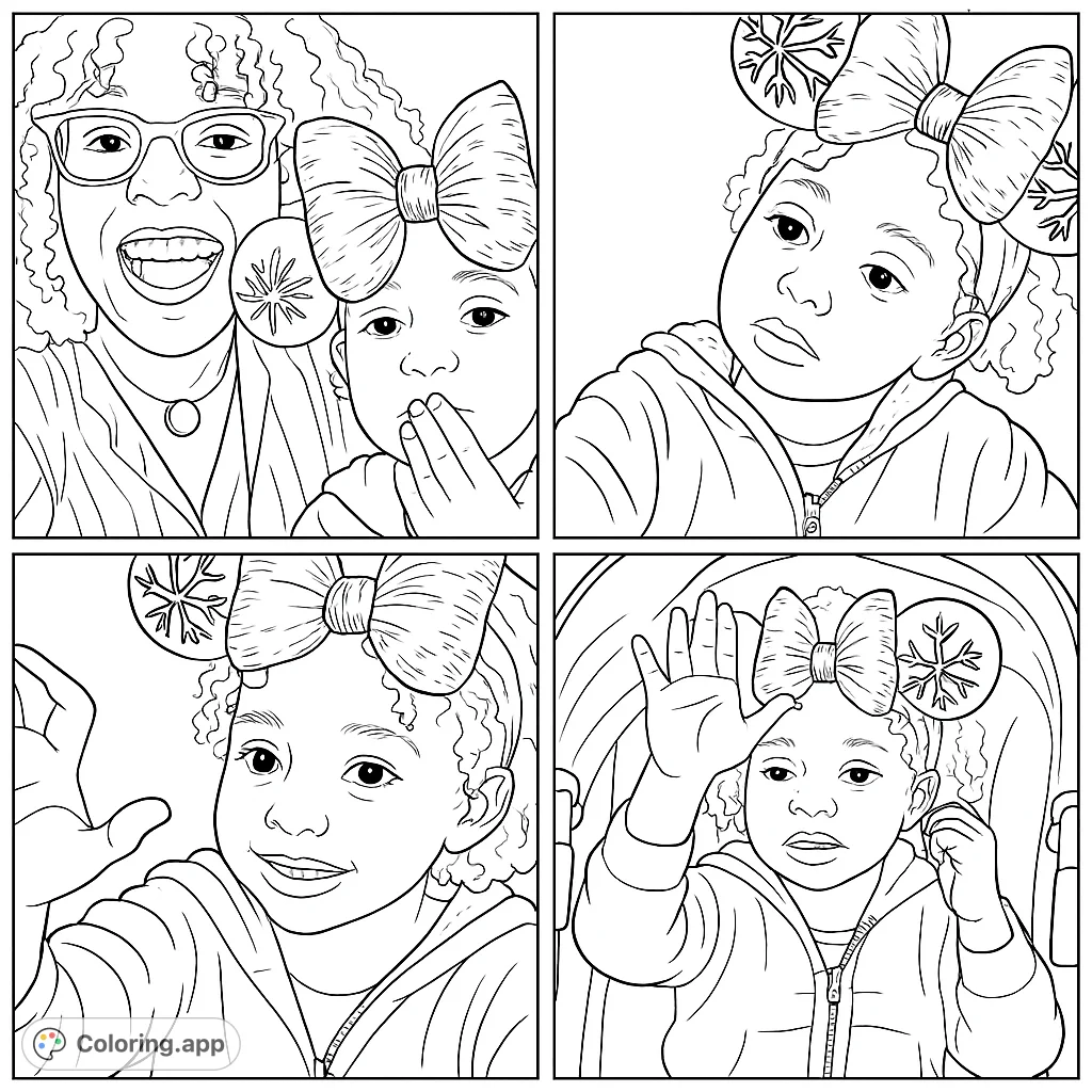 Adorable child with curly hair and a large bow with snowflake ears. A charming free printable coloring page for kids and adults.
