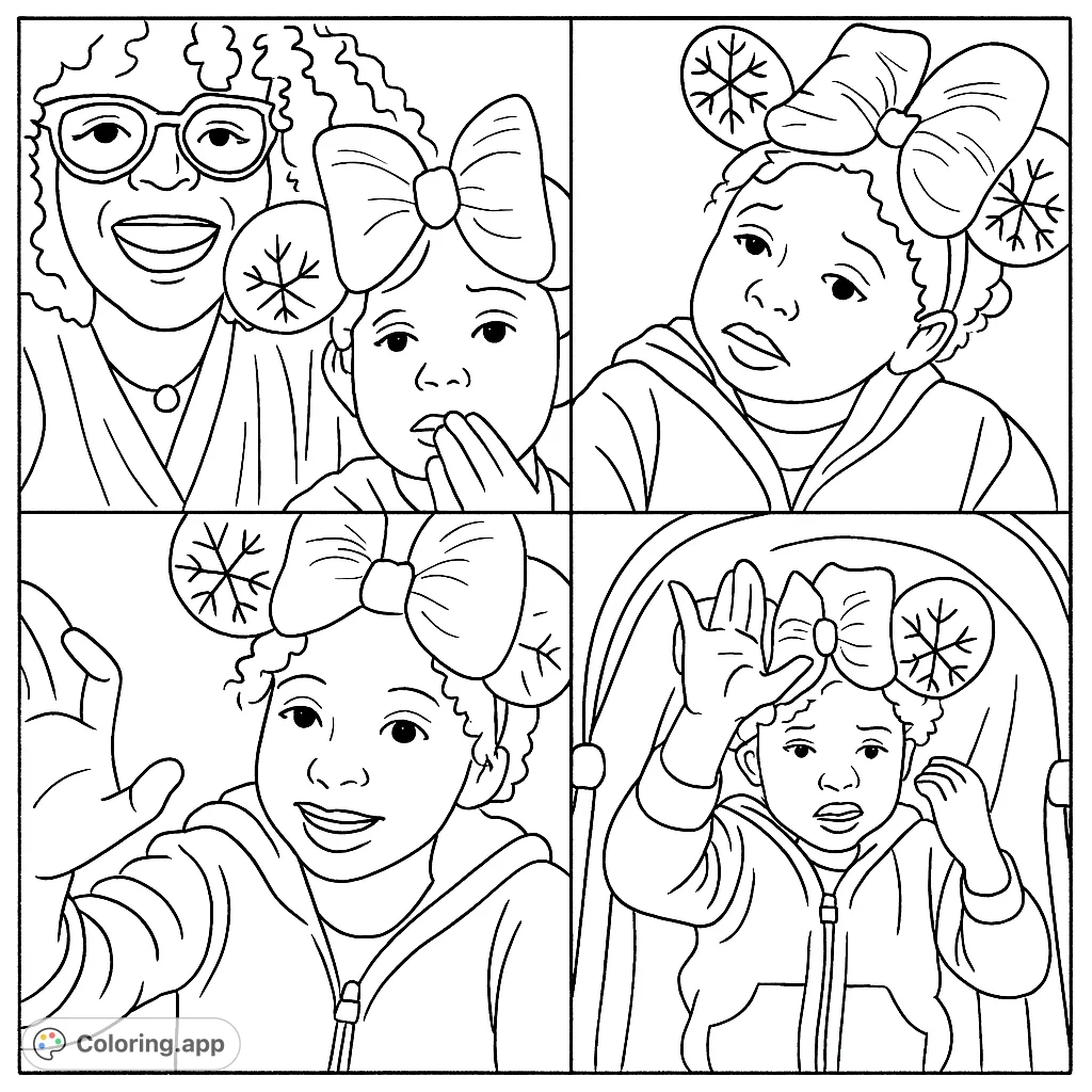 Adorable child with curly hair and a large bow with snowflake ears. A charming free printable coloring page for kids and adults.