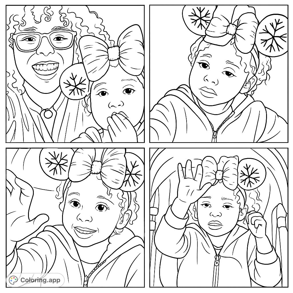 Adorable child with curly hair and a large bow with snowflake ears. A charming free printable coloring page for kids and adults.