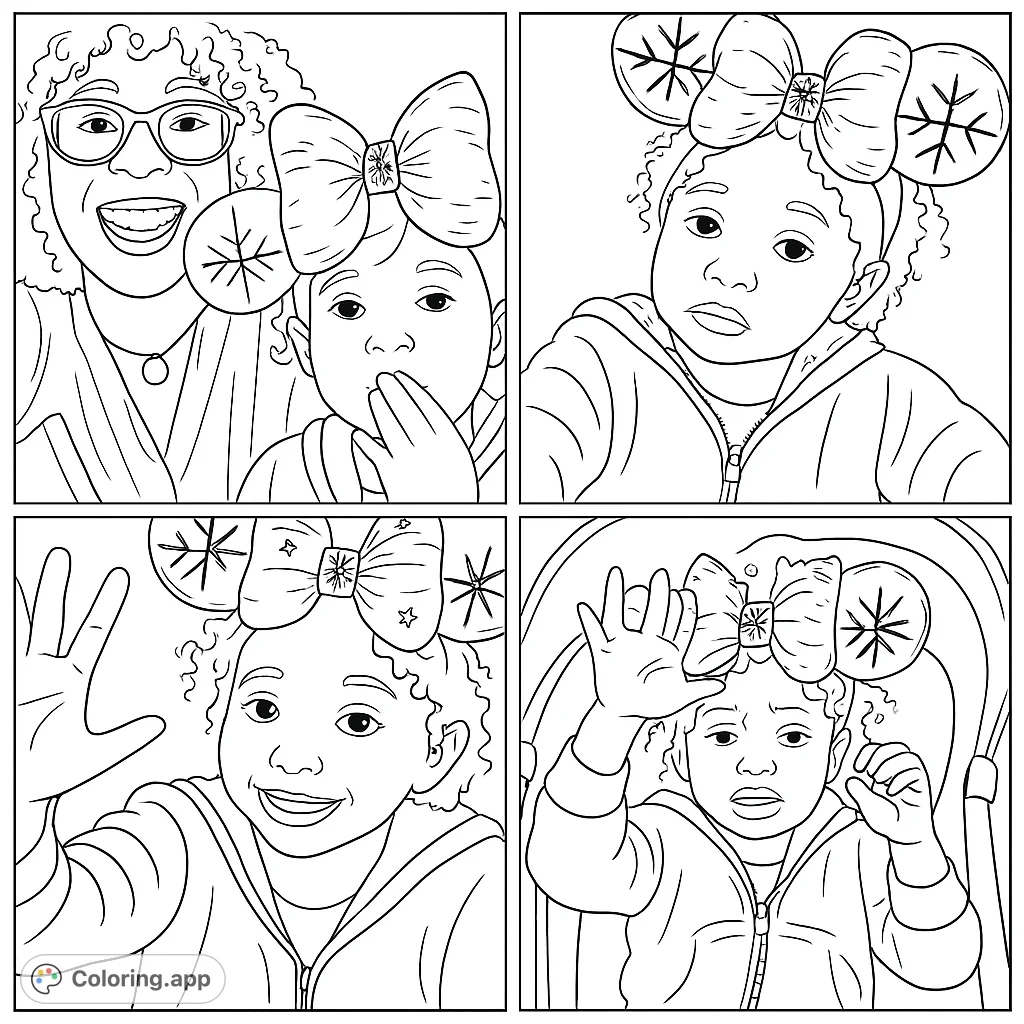 Adorable child with curly hair and a large bow with snowflake ears. A charming free printable coloring page for kids and adults.
