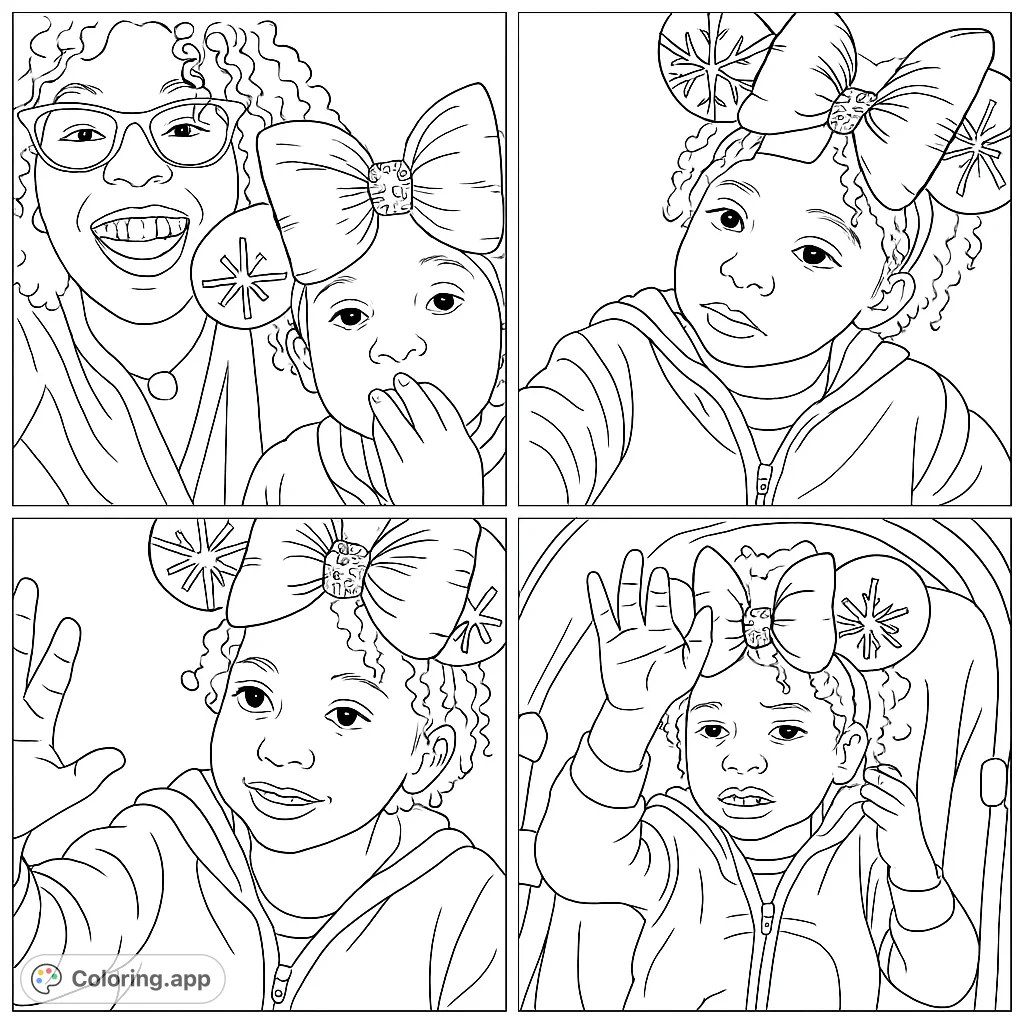 Adorable child with curly hair and a large bow with snowflake ears. A charming free printable coloring page for kids and adults.
