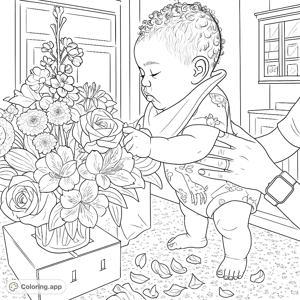 A sweet baby, gently held by an adult hand, curiously explores a vibrant bouquet of flowers, with petals scattered on the floor.