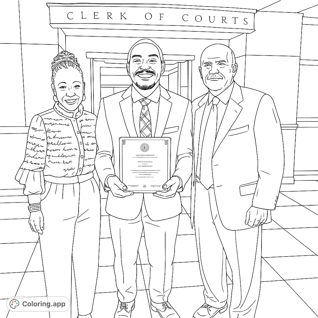 Celebrate success with this free printable achievement coloring page featuring three smiling individuals in front of a courthouse, perfect for all ages.