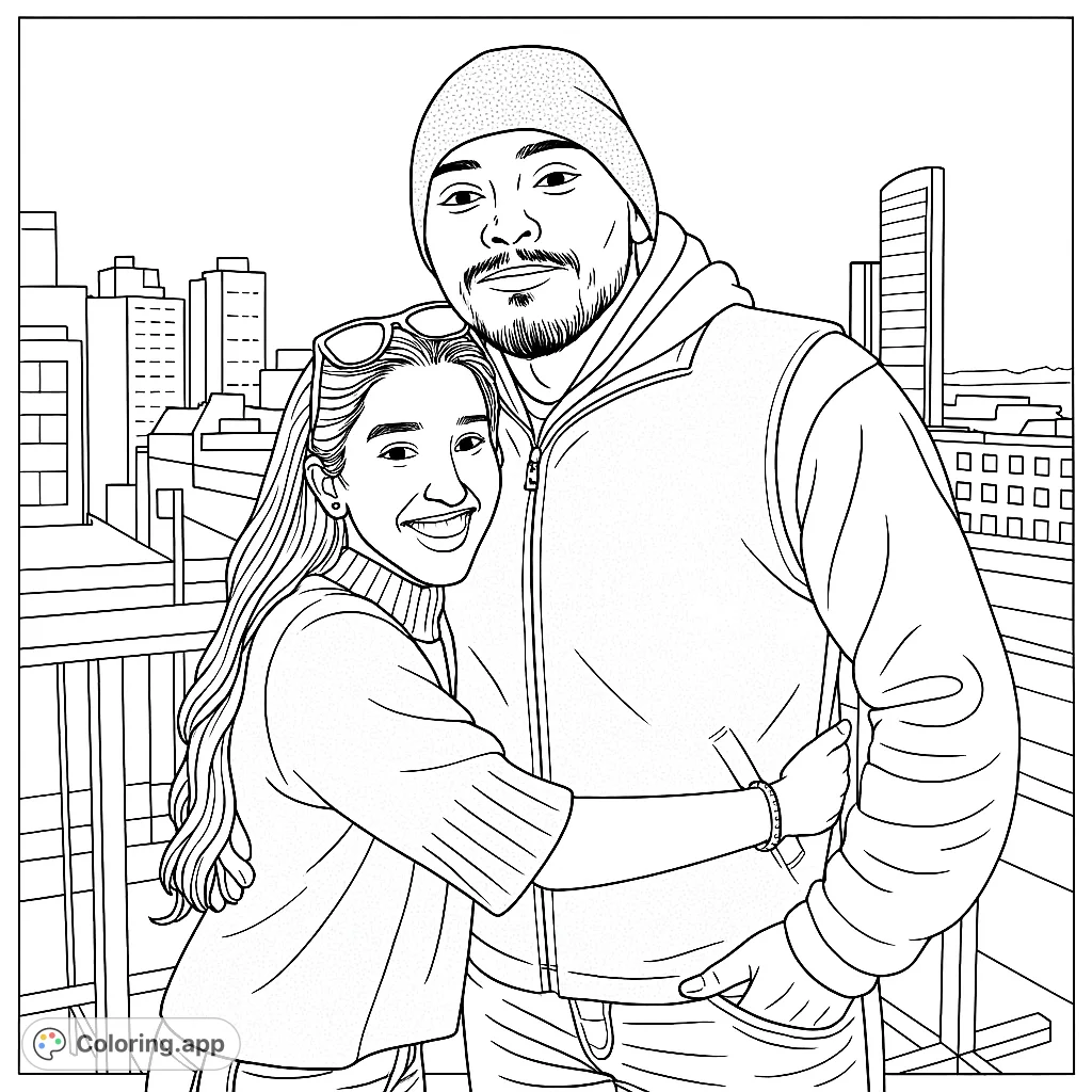 A heartwarming couple's city rooftop embrace coloring page, perfect for expressing love and urban charm. Free printable coloring page for all ages.