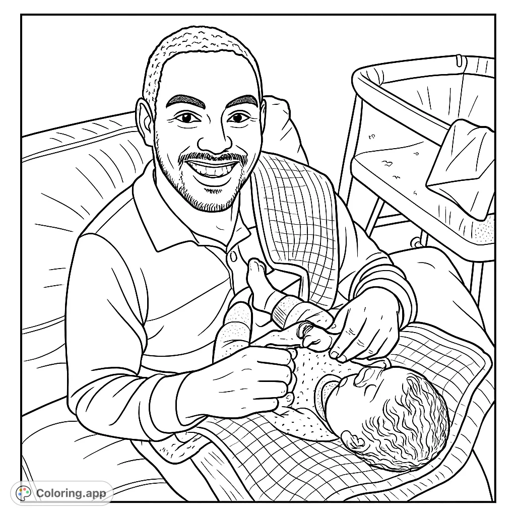 A heartwarming family coloring page featuring a smiling father gently holding his newborn baby, perfect for celebrating new parenthood and family bonds.