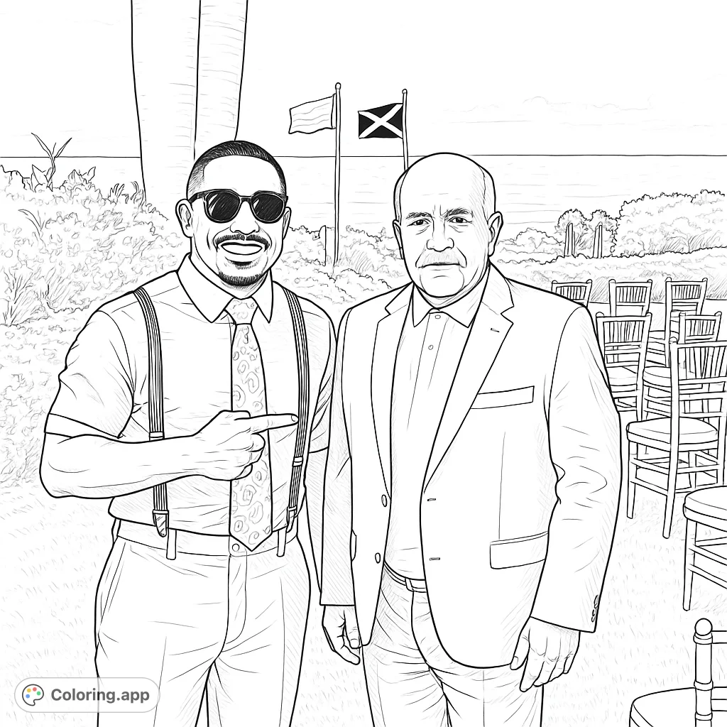 Color a sophisticated outdoor event featuring two distinguished gentlemen, flags, and chairs. Perfect for a relaxing and detailed coloring experience.