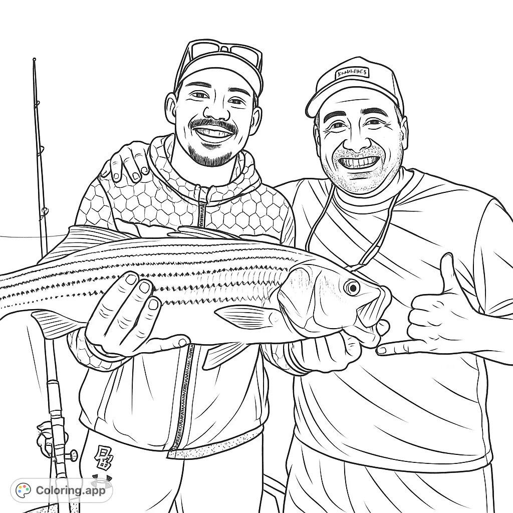 Two smiling fishermen proudly display their large, striped catch. A detailed fishing scene perfect for a relaxing coloring experience.