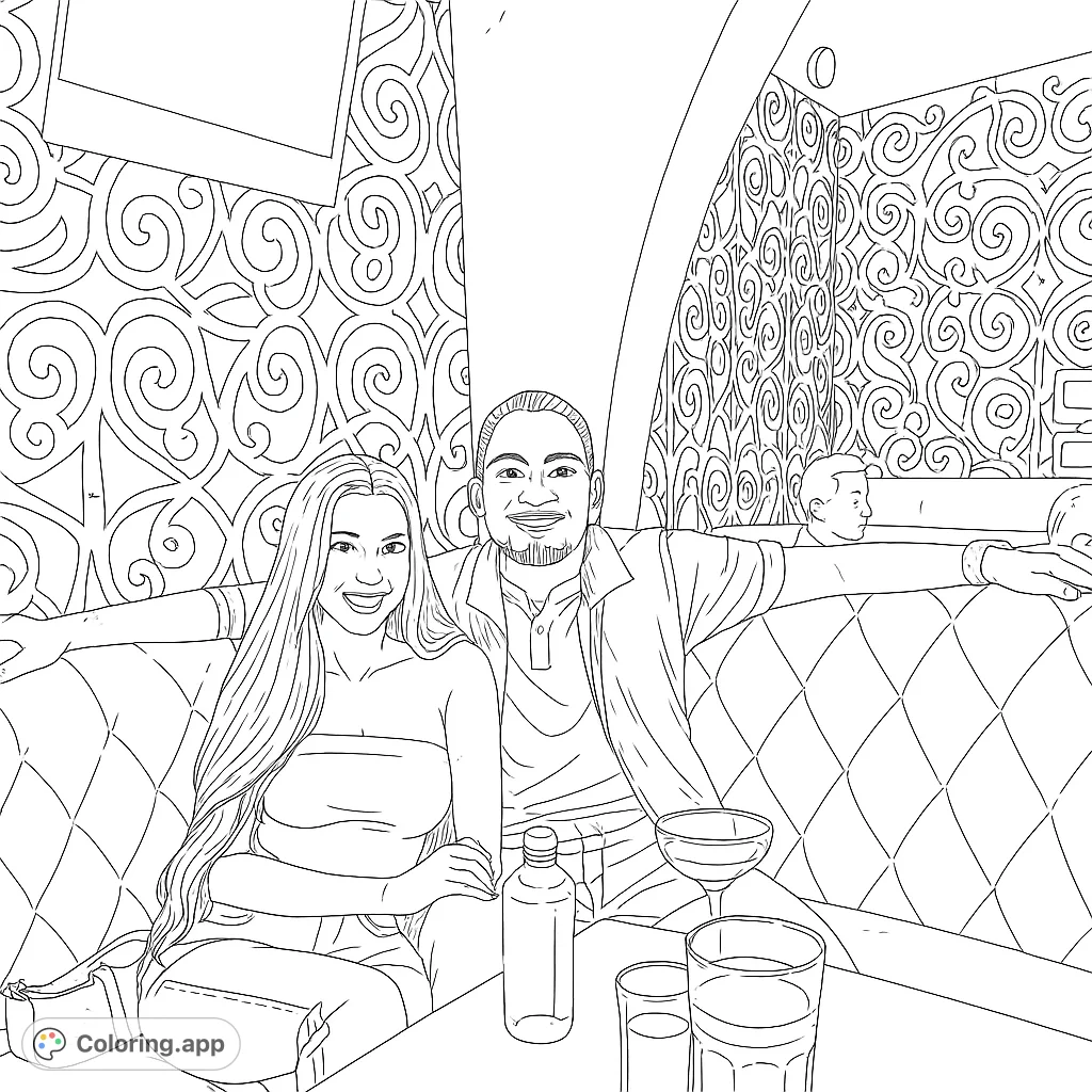 Color a smiling couple enjoying a night out in a stylish lounge, complete with intricate wall patterns and drinks. A fun, free printable coloring page!