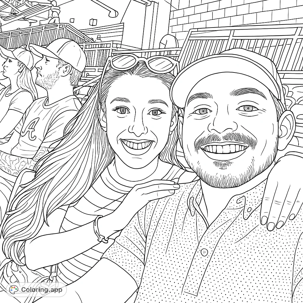 A happy couple takes a selfie at a lively stadium, surrounded by cheering fans. Perfect for sports and portrait coloring.