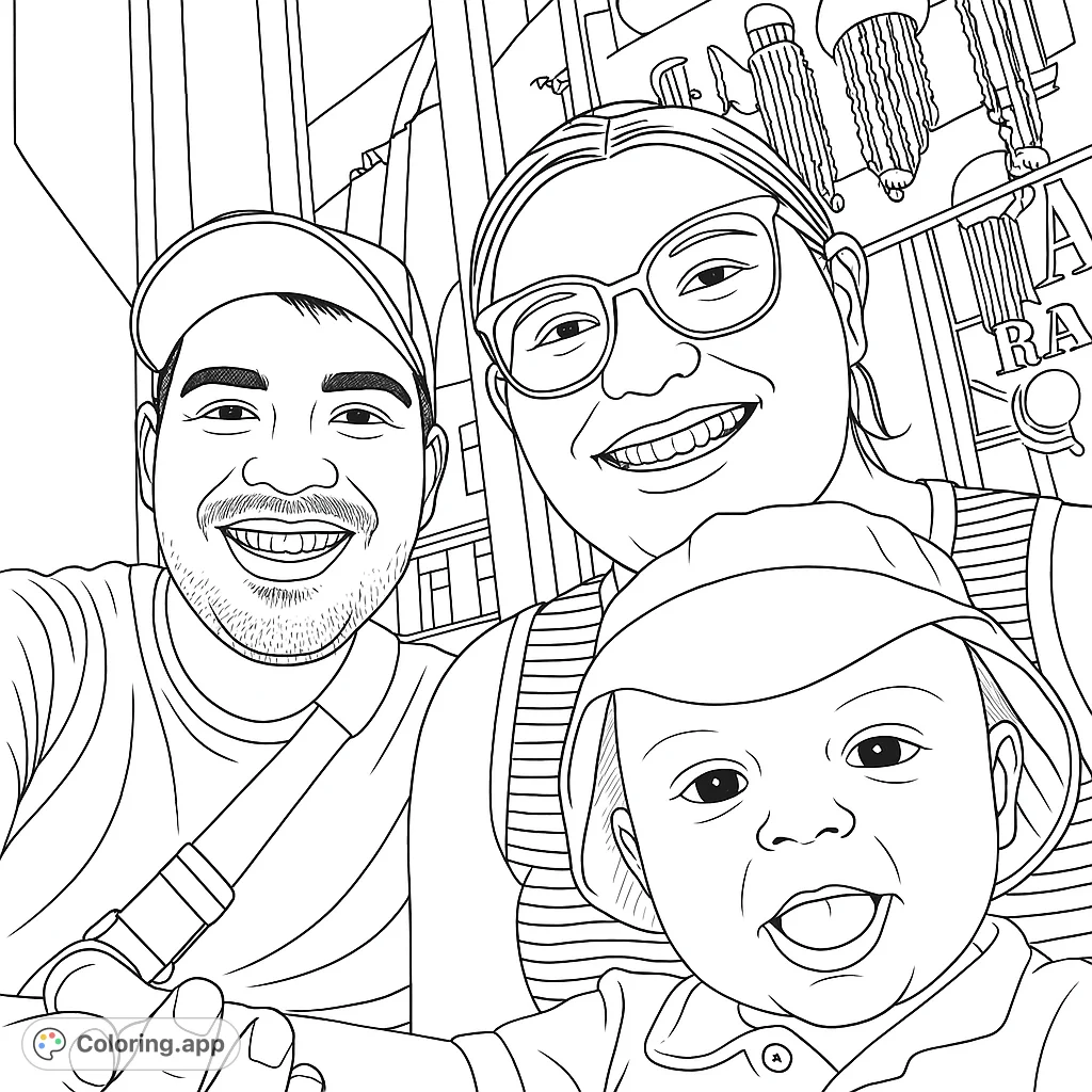 A happy family selfie coloring page. Features a mom, dad, and baby in a lighthearted style.