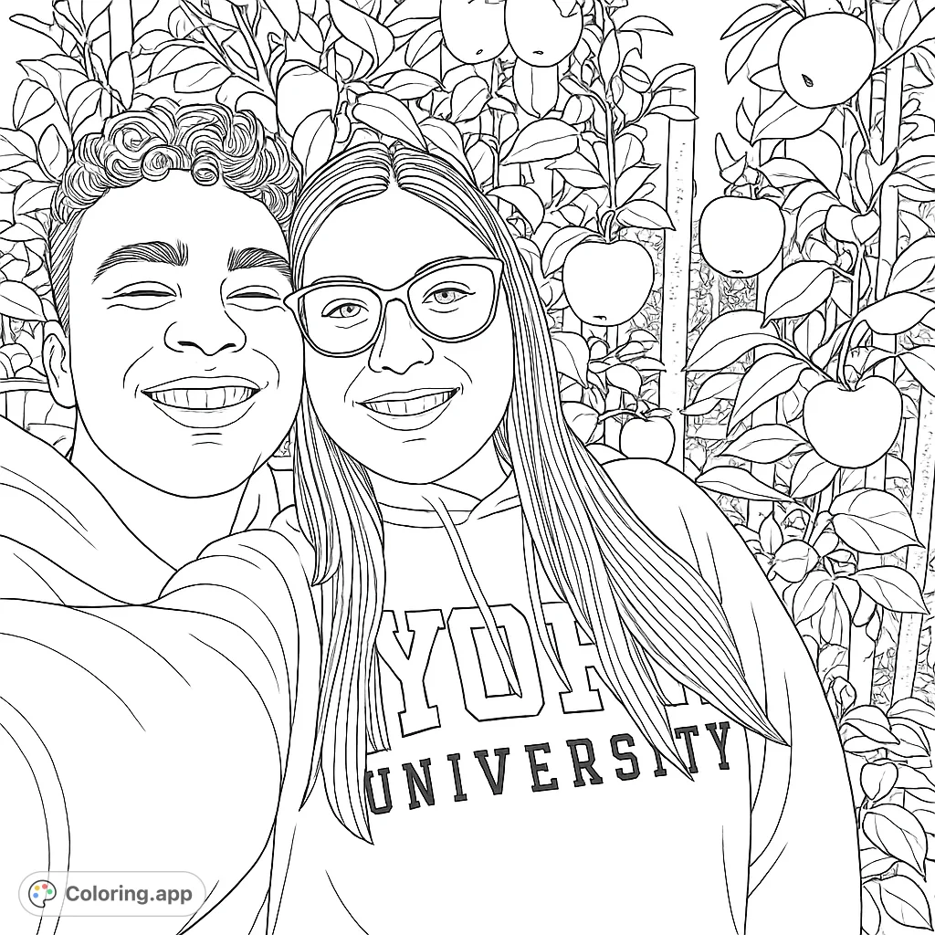 A happy couple poses for a selfie in an apple orchard, surrounded by ripe fruit and lush foliage. A delightful autumn scene to color!