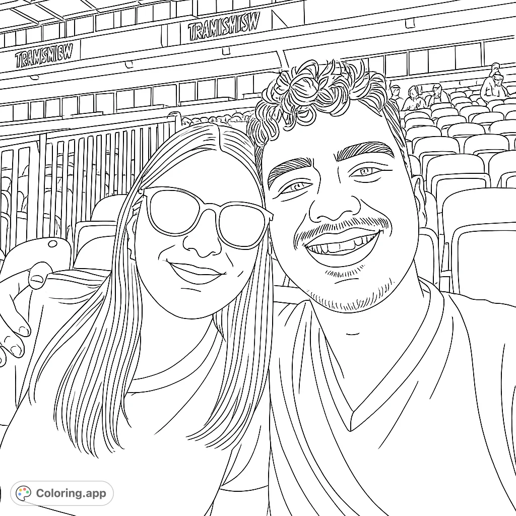 A happy couple at a stadium, ready to be brought to life with color! A fun and engaging coloring activity for sports fans and couples.