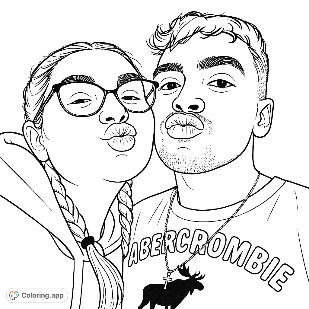 A cute couple makes kissy faces in this fun coloring page! Great for teens and adults who enjoy coloring portraits and modern scenes.