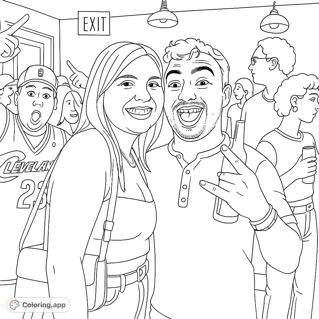 A fun night out with friends! This coloring page features a group of people enjoying themselves at a party.