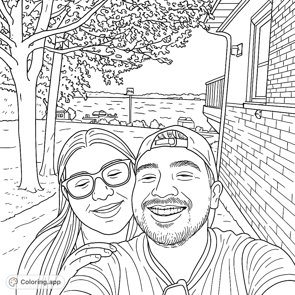 A happy couple poses for a selfie with a scenic lake view. A charming scene to color, perfect for expressing love and creativity.