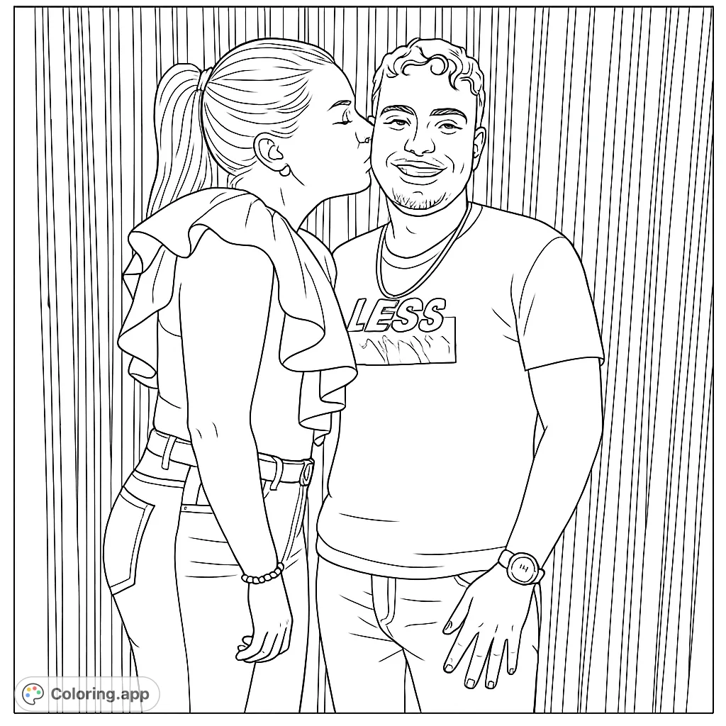 A heartwarming couple's portrait, perfect for a romantic coloring page. Features a woman kissing a man on the cheek against a striped background.