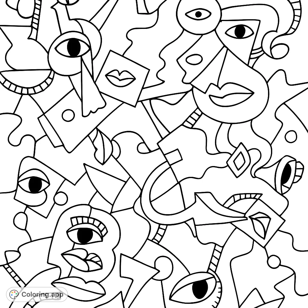 Explore a captivating abstract faces coloring page, featuring fragmented eyes, lips, and geometric shapes in a unique cubist style. Free printable coloring page for all ages.