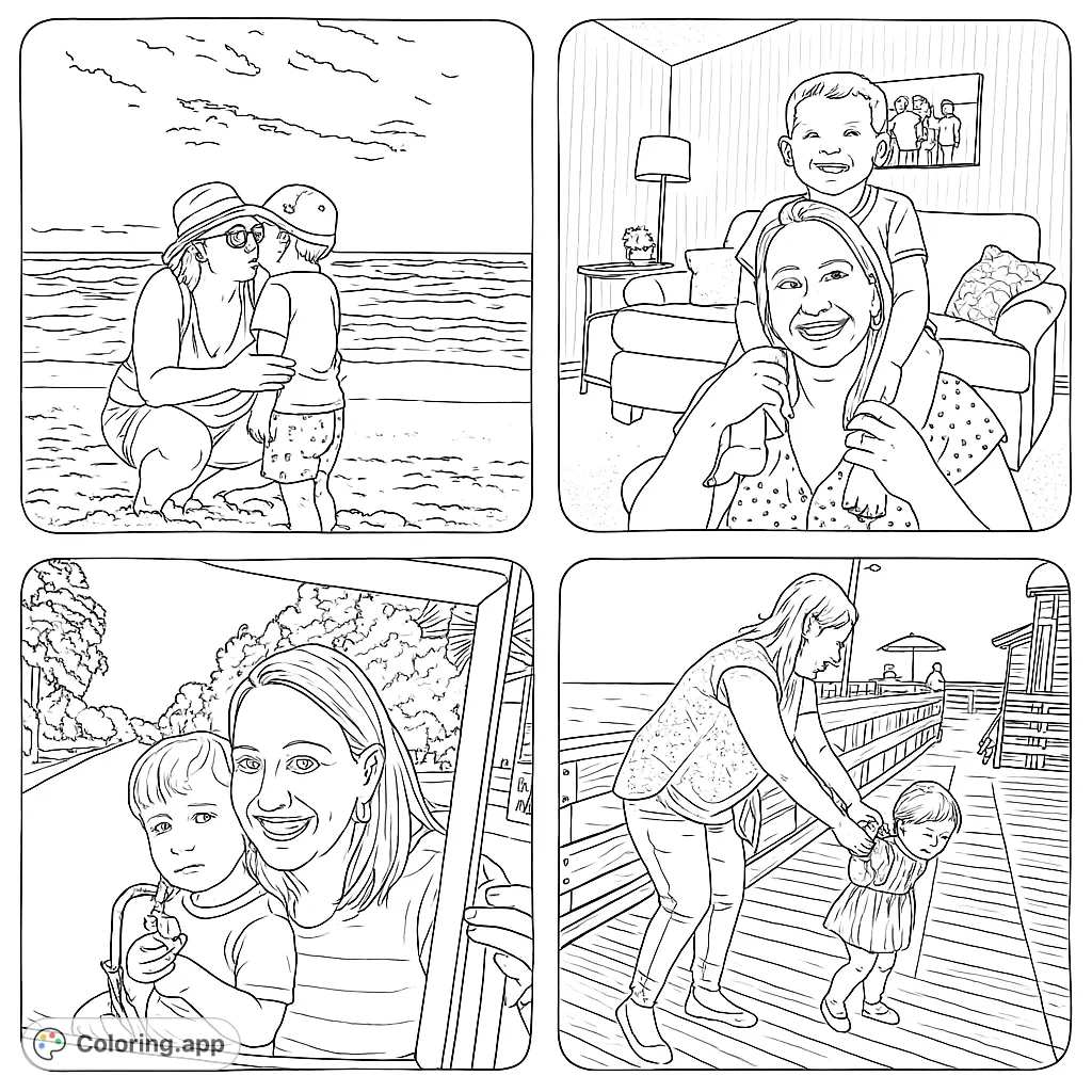 Capture heartwarming family moments across four unique scenes: beach, home, road trip, and pier. A free printable family coloring page for all ages.