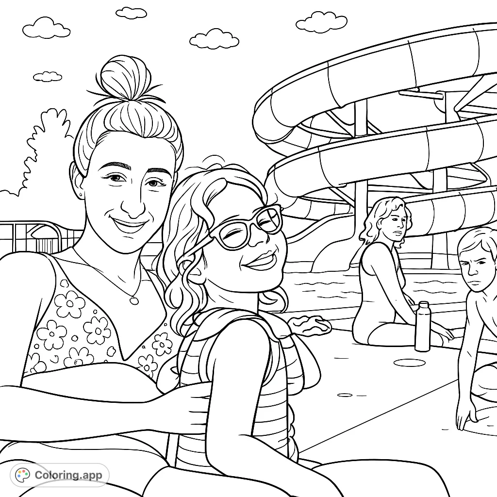 Dive into a joyful water park coloring page featuring two smiling girls, water slides, and pool fun. A free printable summer activity for all ages!