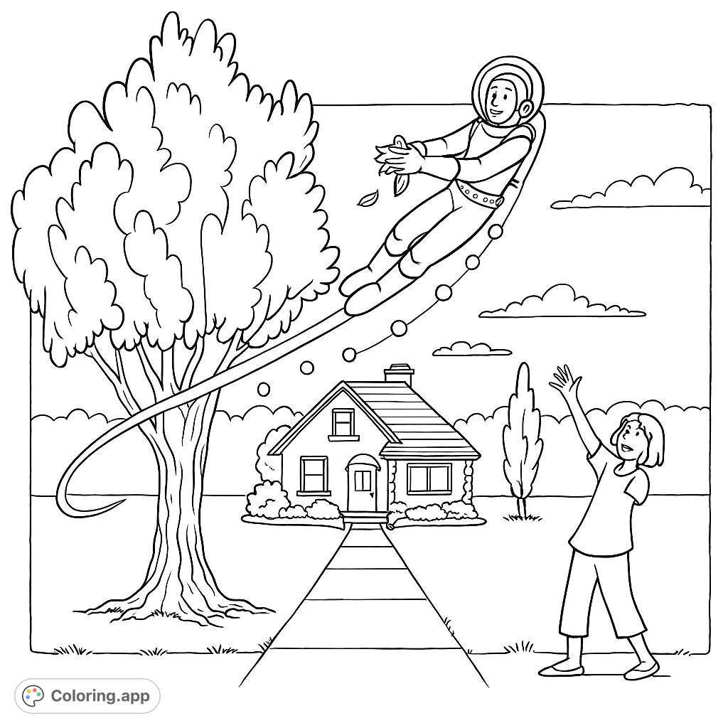 Whimsical scene with an astronaut flying over a house, a child looking up, and a large tree. A fun, free printable space adventure coloring page.