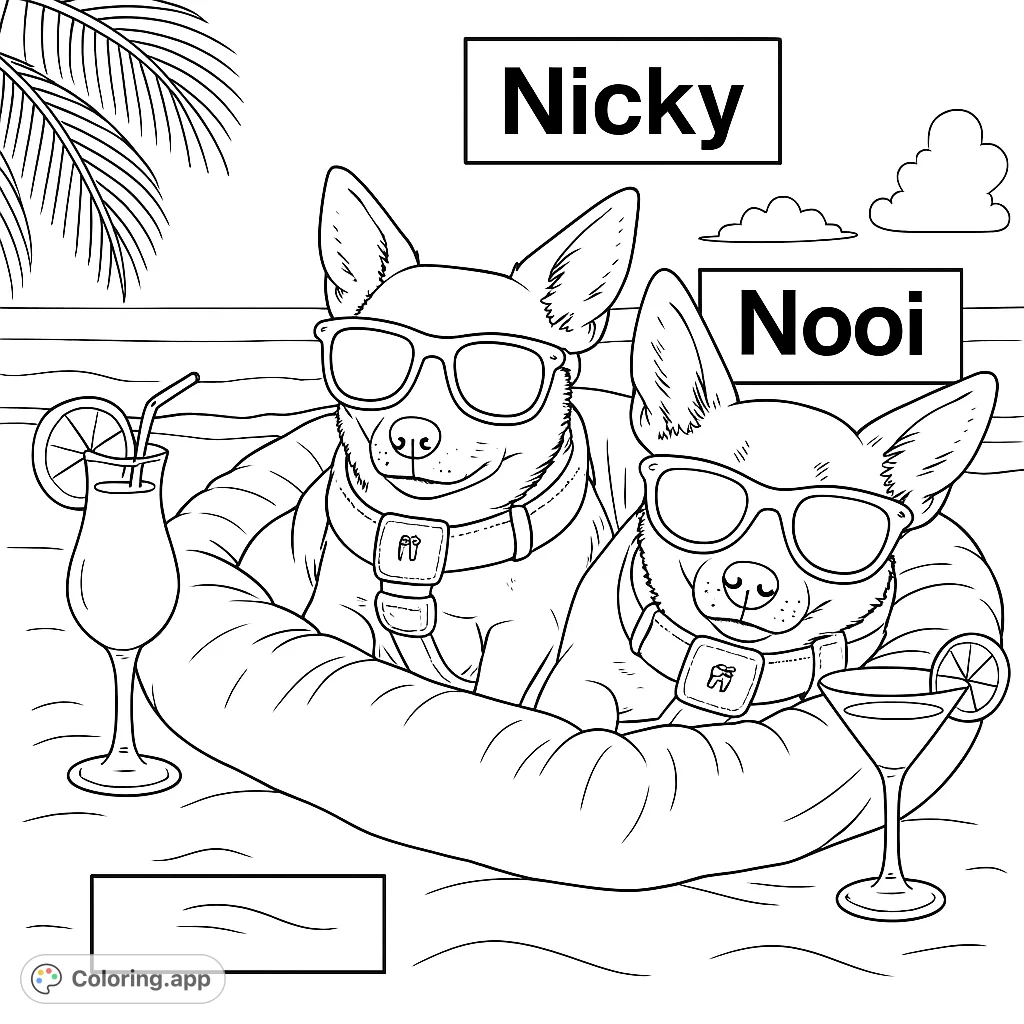 Relax with this adorable beach dogs coloring page! Two cool pups in sunglasses enjoy a sunny day by the ocean, perfect for a free printable coloring page.