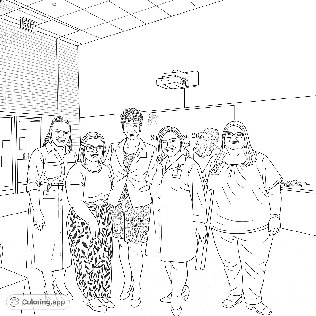 A vibrant group of five smiling women, ready for a team event. Perfect for celebrating collaboration and community.