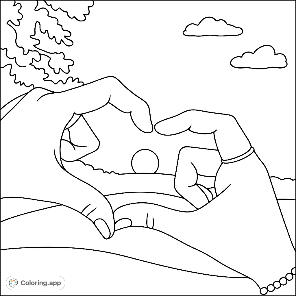 A romantic heart hands coloring page framing a serene sunset landscape with rolling hills and clouds. Perfect for love and nature themes.