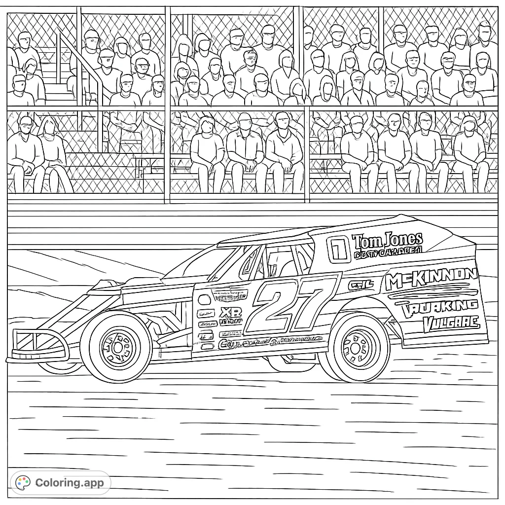 Dynamic dirt track race car with number 27, ready for action, set against a backdrop of cheering spectators in grandstands. Perfect for speed enthusiasts!