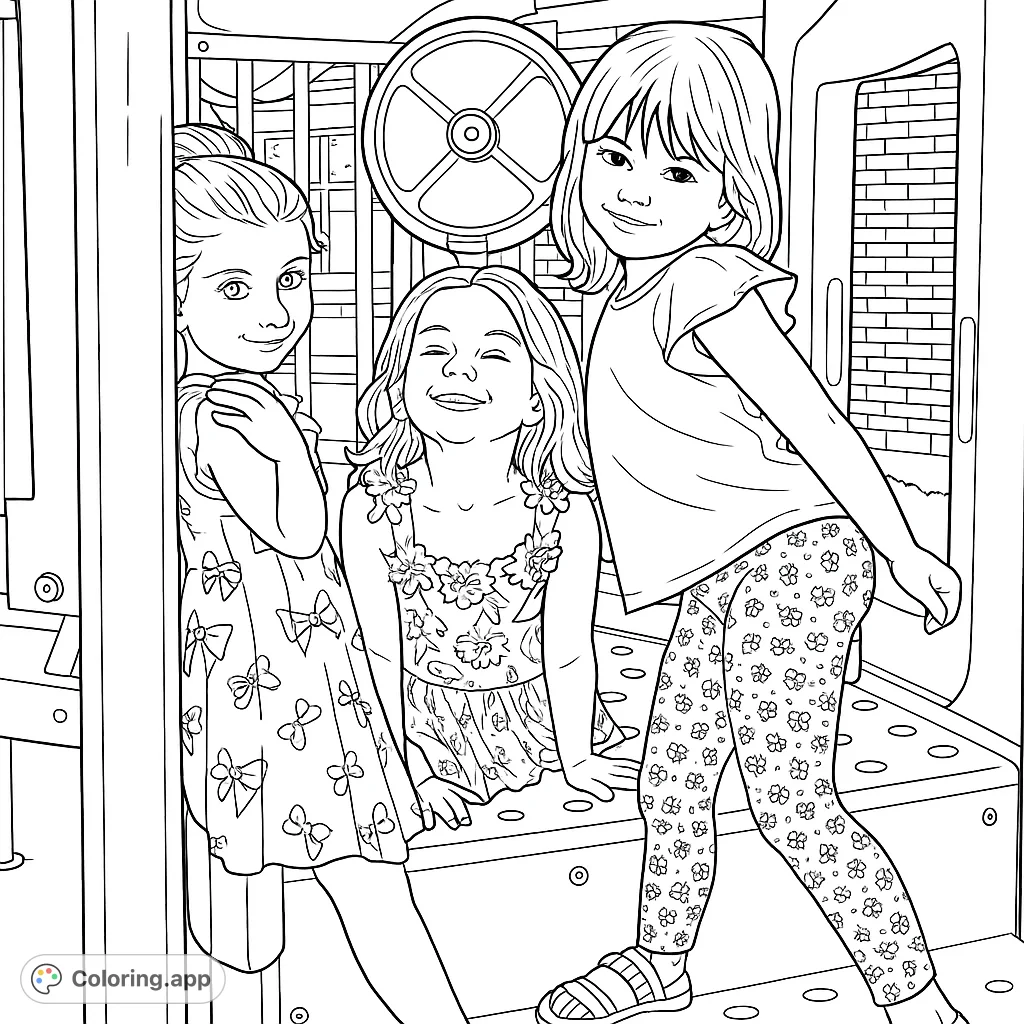 Three joyful girls play on a vibrant playground, ready for a burst of color. A free printable kids' coloring page for endless fun!