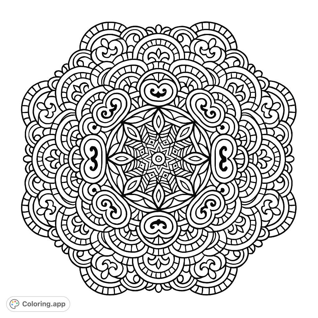Unwind with this intricate symmetrical mandala coloring page. Features detailed patterns, perfect for mindfulness and creative expression.