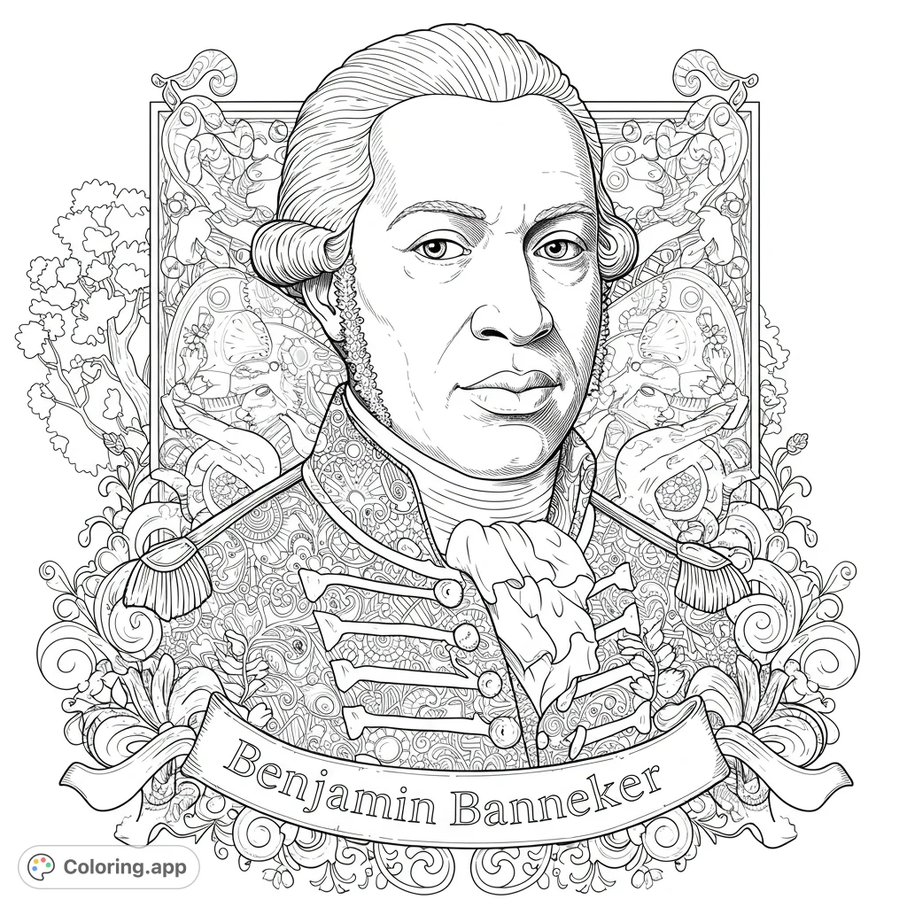 Intricate portrait of Benjamin Banneker in period attire, framed by ornate patterns and natural elements. A challenging historical figure coloring page.