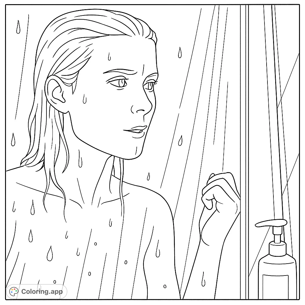A serene shower scene featuring a person behind a water-splashed glass, perfect for a relaxing and introspective coloring experience.