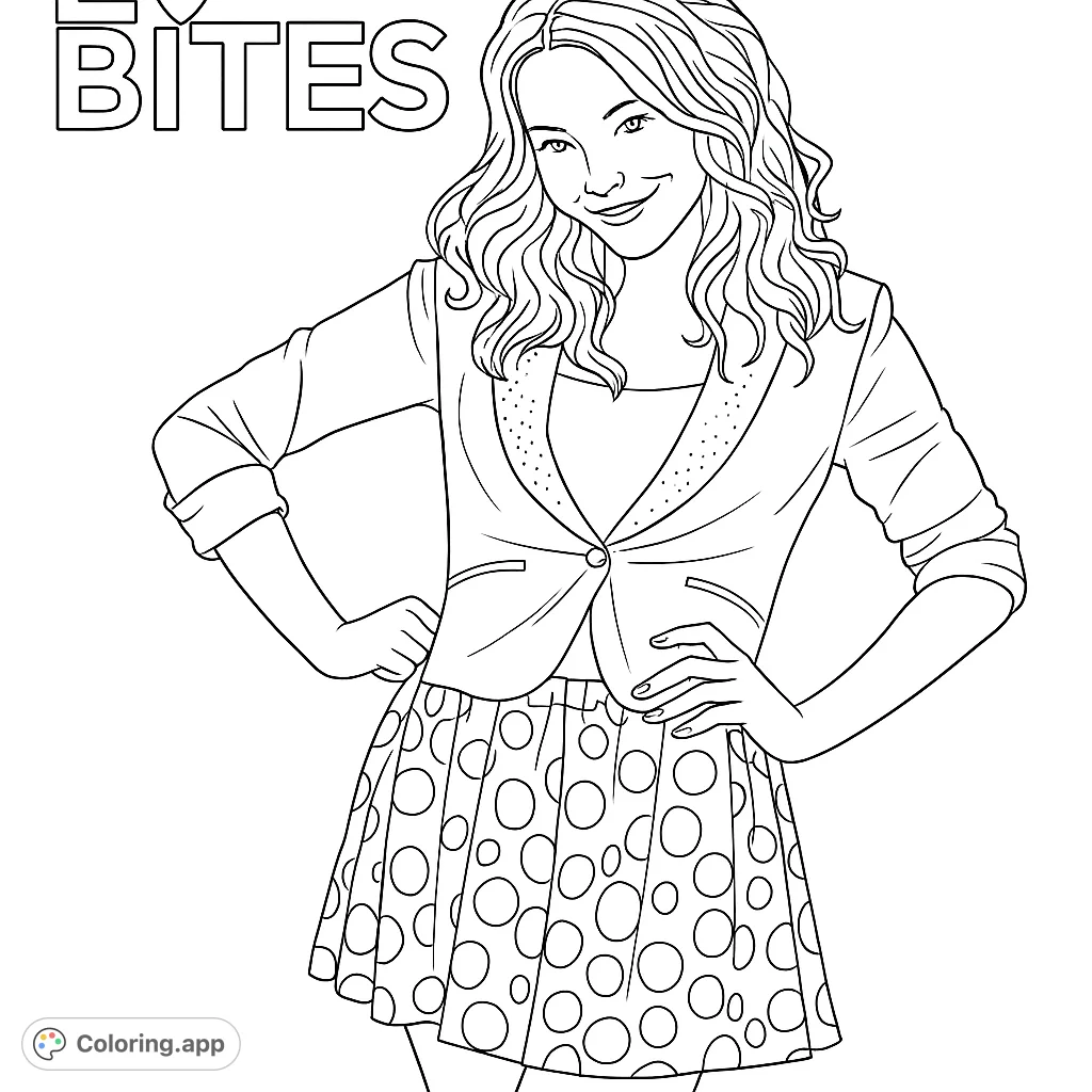 A chic woman in a blazer and polka-dot skirt, striking a confident pose. Perfect for fashion enthusiasts to personalize with creative colors.