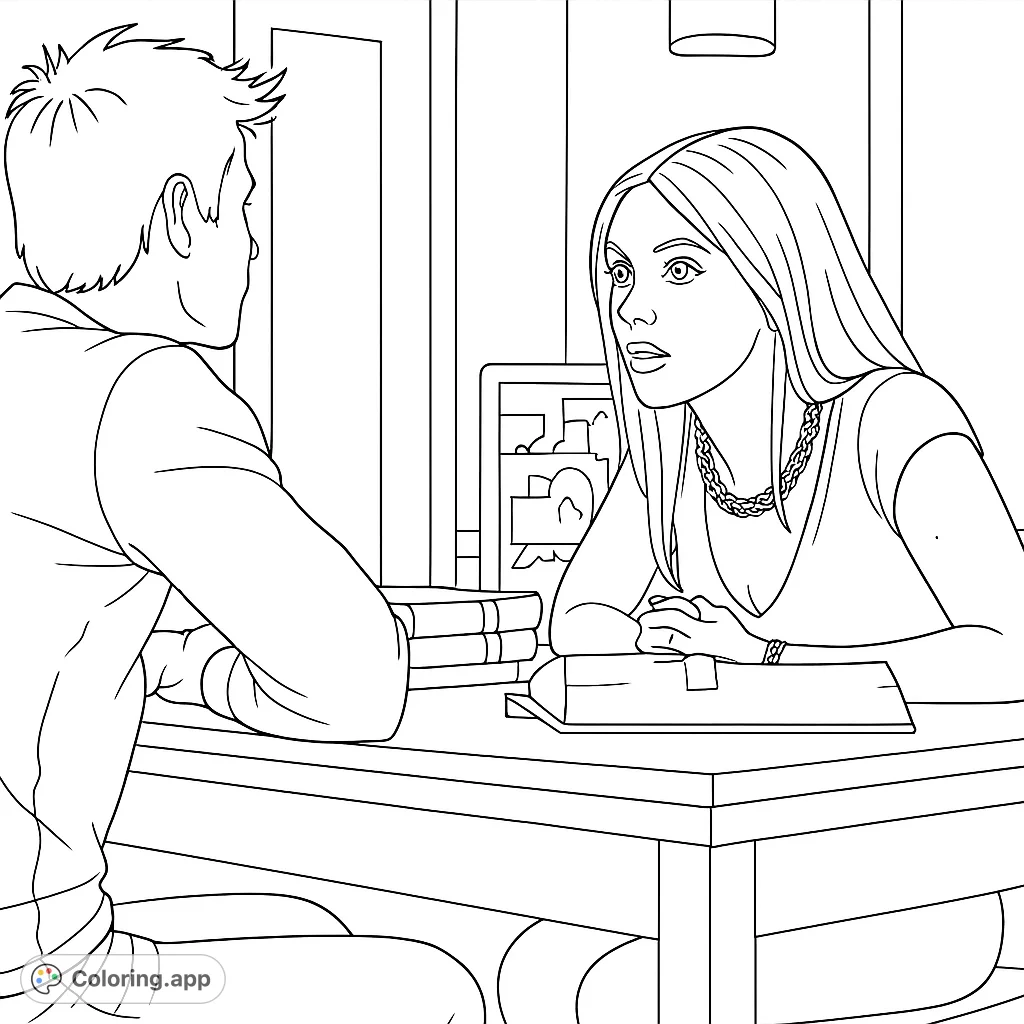 Engage in a thoughtful coloring experience with this scene of two individuals in conversation at a table, surrounded by books and subtle details.