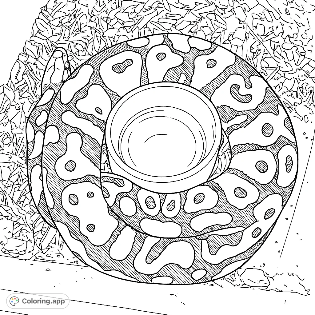 A majestic ball python coiled around a water dish, featuring intricate scale patterns and a textured substrate. Perfect for detailed coloring.