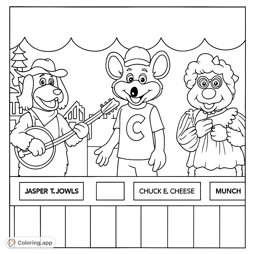 A fun coloring page featuring three beloved characters: a banjo-playing dog, a mouse, and a friendly elder, with an interactive activity below.