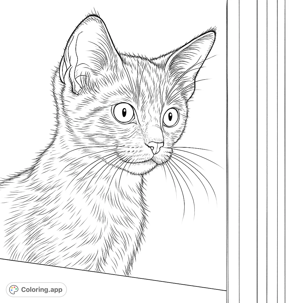 An adorable kitten with wide eyes peeks from the side, featuring detailed fur and whiskers. A charming free printable cat coloring page for all ages.