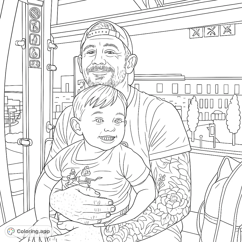 A heartwarming father and son moment on a city ride. This free printable family coloring page features a dad with a cool tattoo and his smiling child, perfect for all ages.