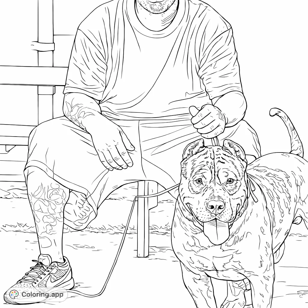 A detailed coloring page featuring a man and his patterned dog companion. Perfect for animal lovers who enjoy intricate designs and expressive portraits.