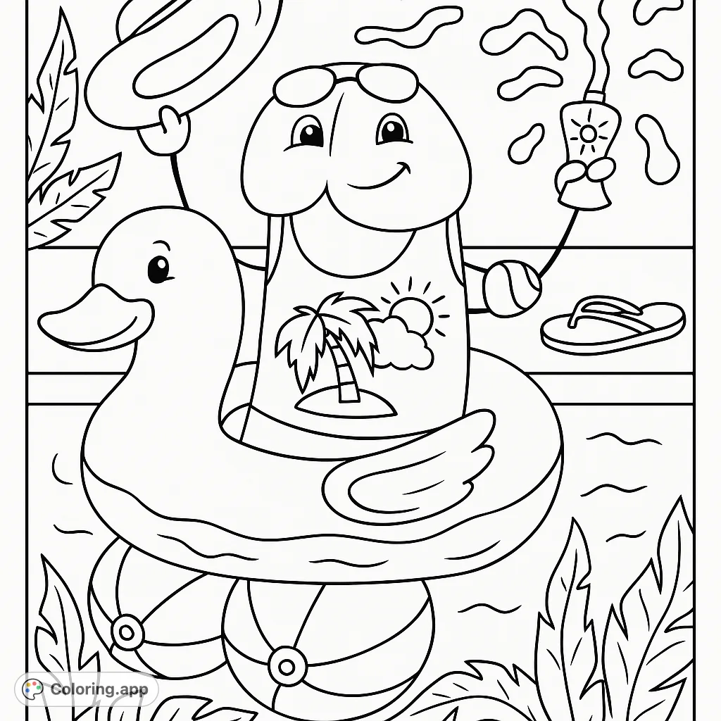 A cheerful, anthropomorphic character enjoys a sunny pool day in a rubber duck float, surrounded by beach balls, sunscreen, and tropical leaves. A fun summer scene!