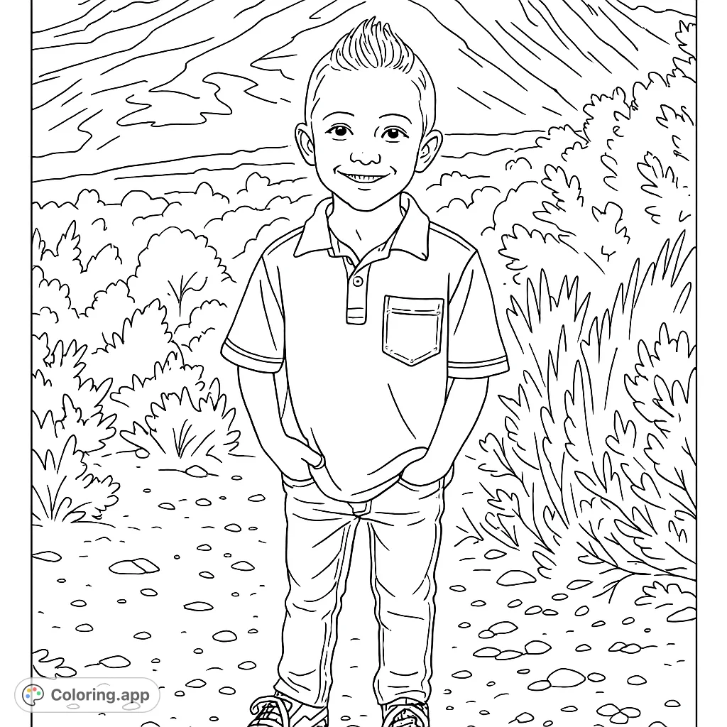 A cheerful young boy stands smiling with hands in pockets, set against a detailed outdoor landscape. A perfect boy coloring page and outdoor coloring page.