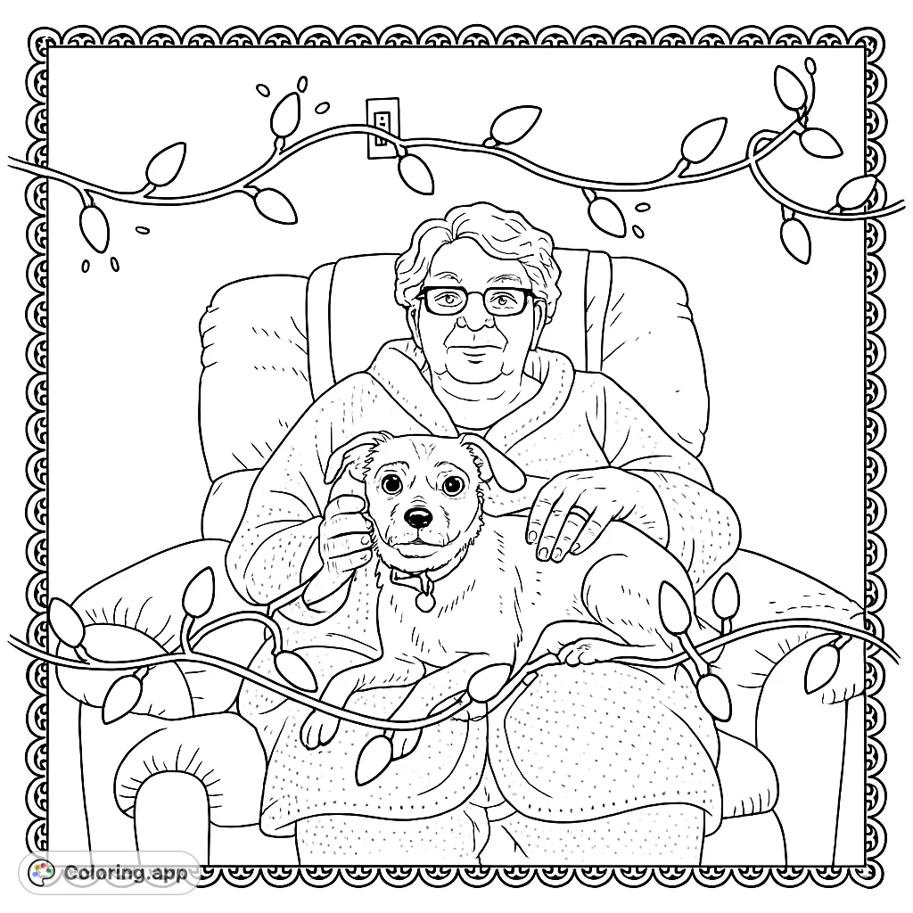 A heartwarming free printable coloring page featuring an elderly woman and her dog surrounded by festive lights. Perfect for all ages!