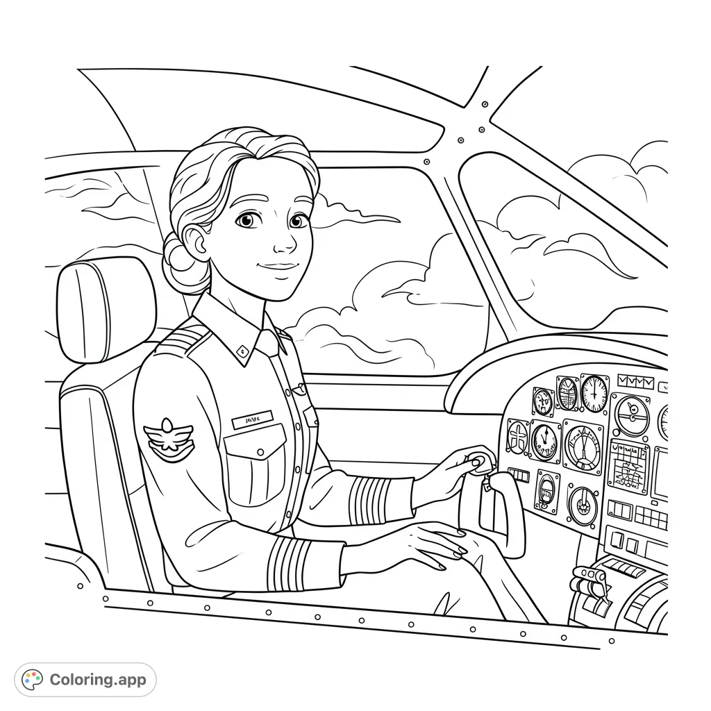 A happy female air cadet in a detailed airplane cockpit, ready for flight. A free printable air cadet coloring page for aviation enthusiasts of all ages.