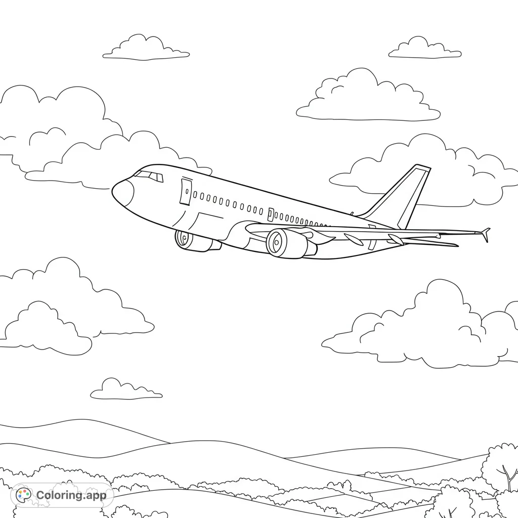 Soar through a sunny sky with this airplane coloring page, featuring fluffy clouds and distant trees. Perfect for aviation enthusiasts!