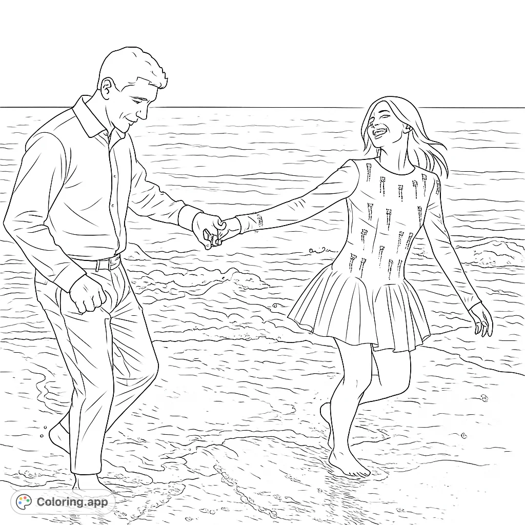 Capture the joy of a couple's romantic beach stroll at sunset. This free printable coloring page features a happy pair by the ocean, perfect for all ages.