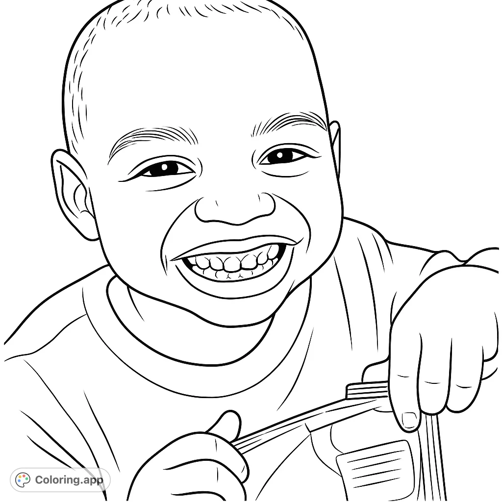 A heartwarming free printable coloring page featuring a happy child with a wide smile, holding a snack. Perfect for kids and adults.
