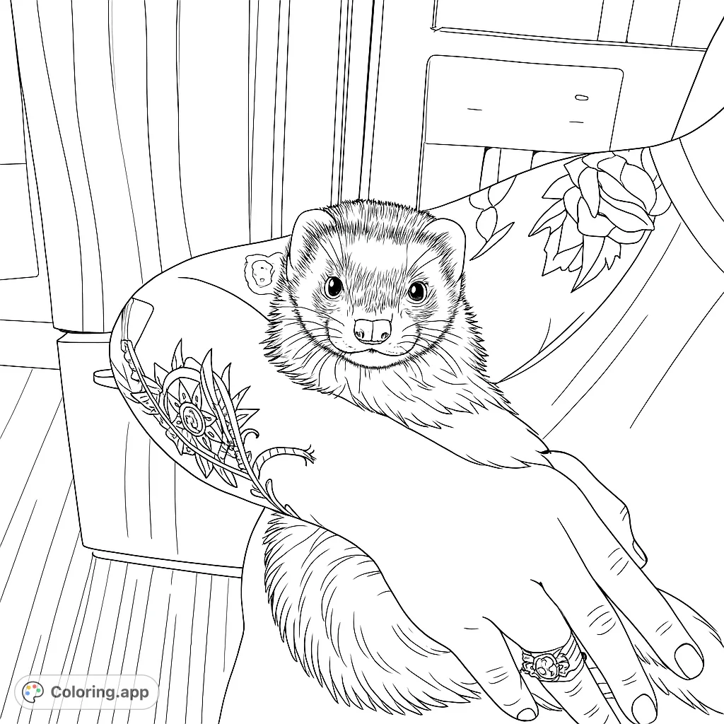 A charming ferret nestled in arms, featuring intricate tattoos and a cozy pose. Perfect for animal lovers and detailed coloring.