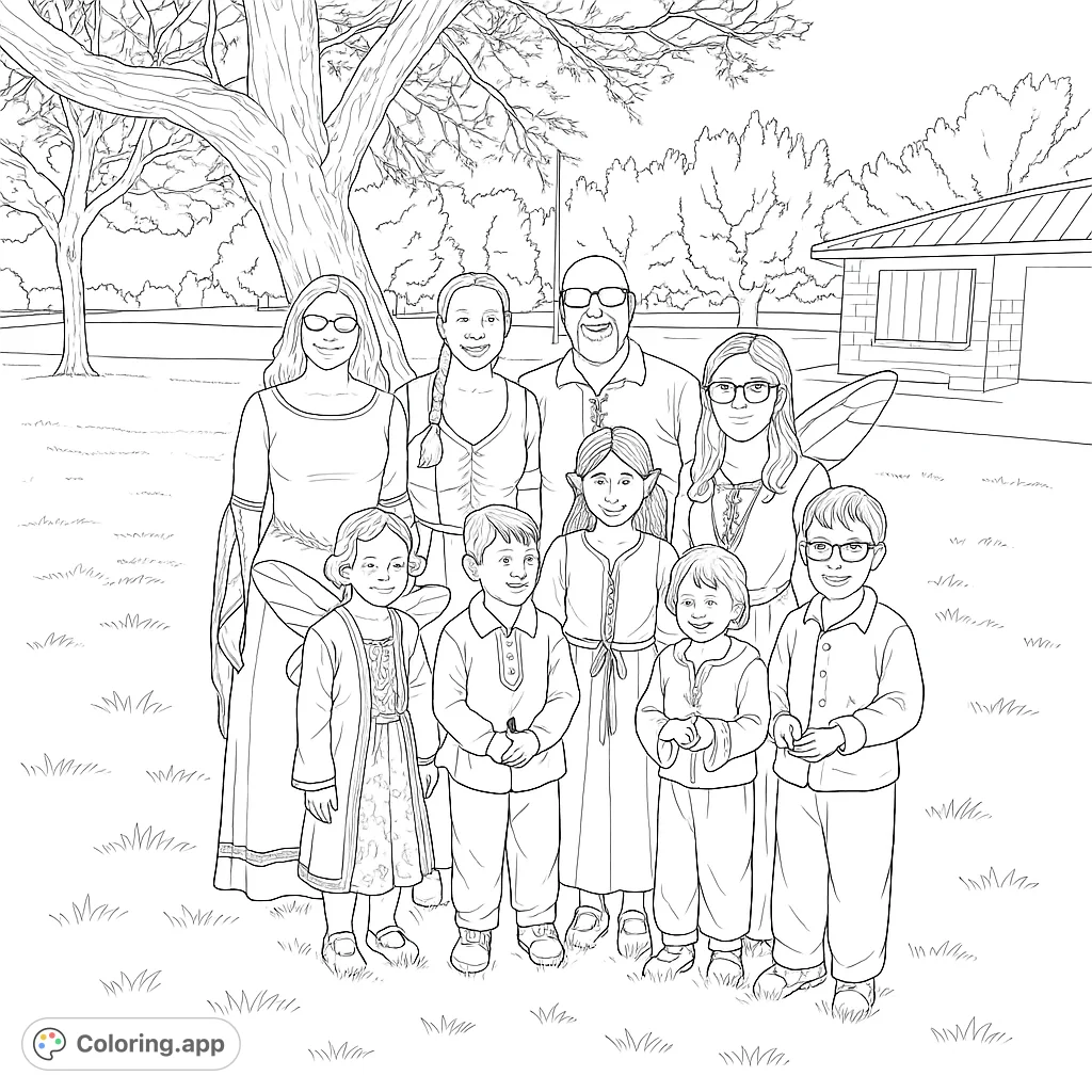 A magical family portrait featuring adults and children in fantasy costumes, including fairies with wings and pointed ears, set in a charming park. Perfect for all ages!