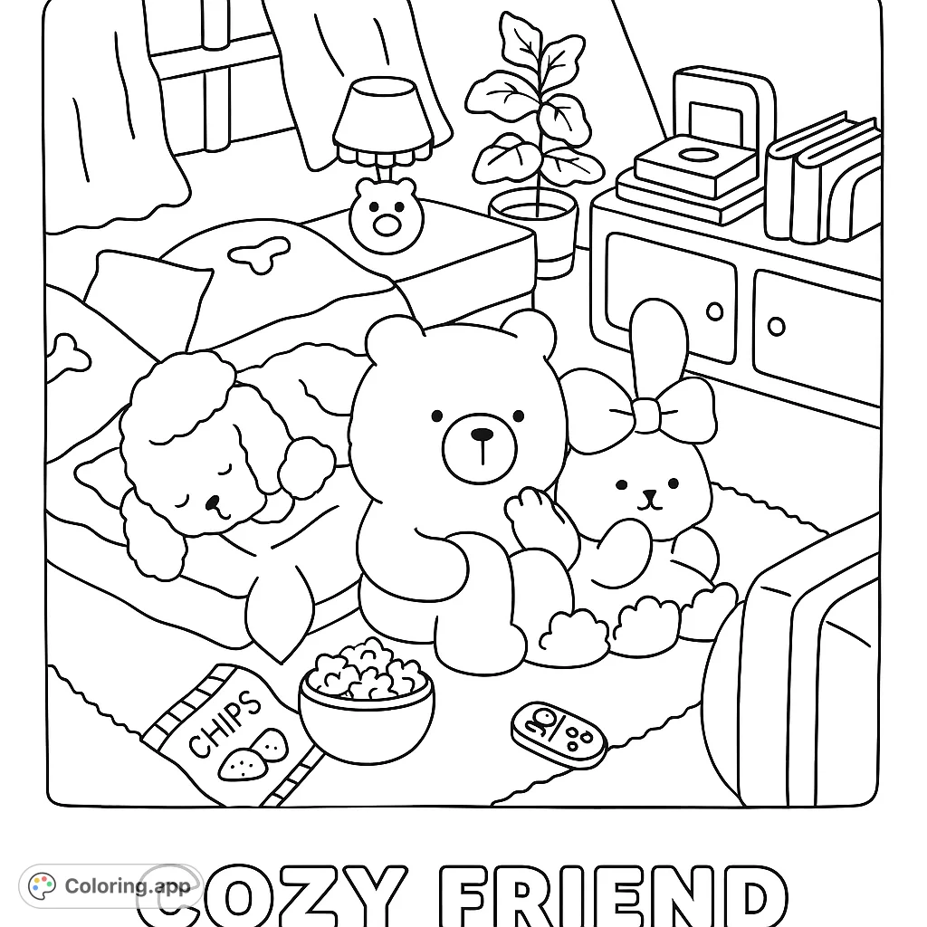 Join a cute bear and plush friends for a cozy movie night with snacks. A delightful, free printable cozy scene coloring page for kids and adults.